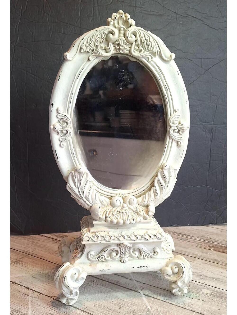 Shabby Chic Chippy White Oval Pedestal Four Footed Vanity Mirror 14.5"HX7"W X5"D